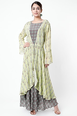 Mirage Blue & Mint Printed Jacket Dress by Soup by Sougat Paul