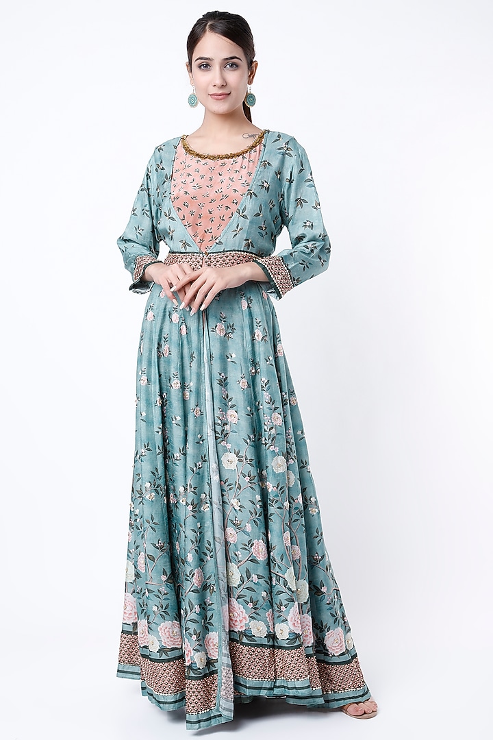 Powder Blue Printed Jacket Vacation Dress by Soup by Sougat Paul at Pernia's Pop Up Shop