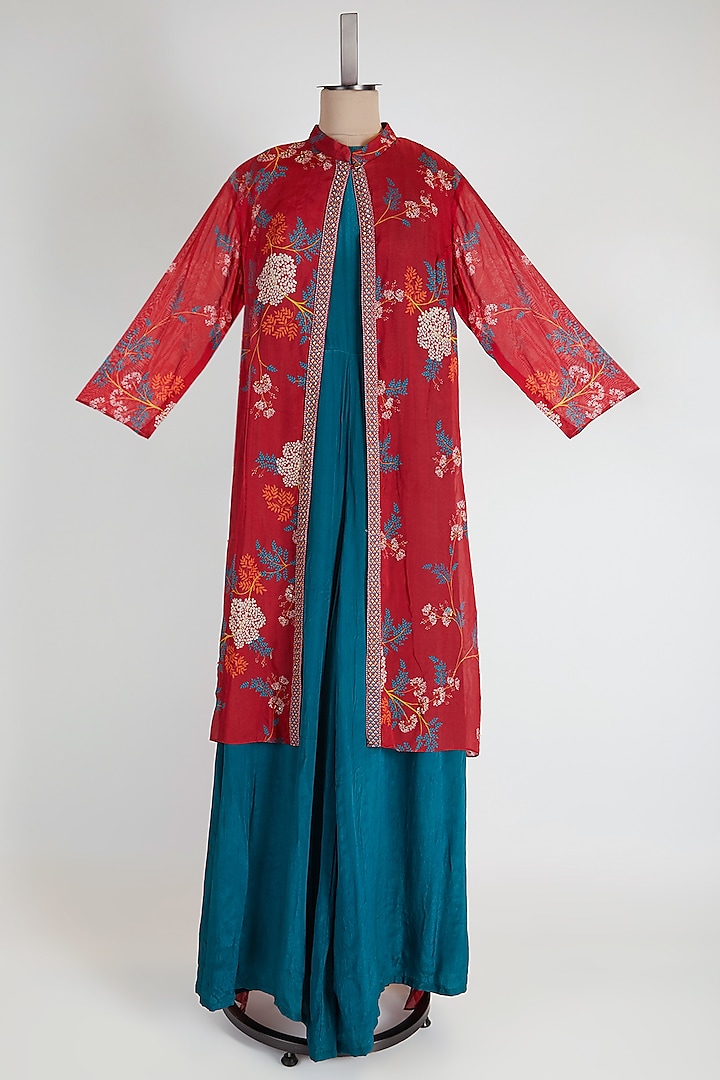 Red Embroidered Jacket With Jumpsuit by Soup by Sougat Paul at Pernia's Pop Up Shop