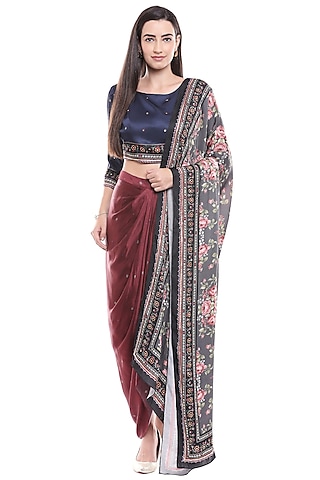 Navy Blue Embroidered Crop Top & Skirt With Dupatta by Soup by Sougat Paul