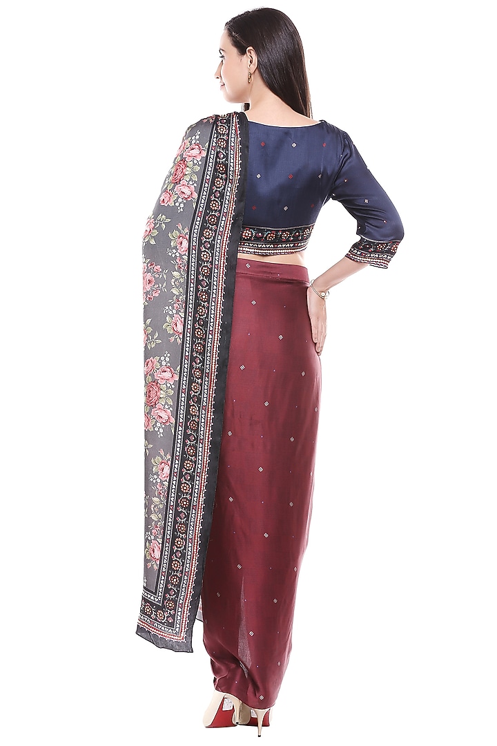 Navy Blue Embroidered Crop Top & Skirt With Dupatta by Soup by Sougat Paul at Pernia's Pop Up Shop