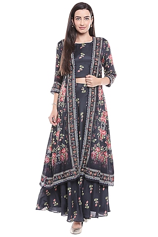 Black Floral Printed Crop Top & Skirt With Jacket by Soup by Sougat Paul