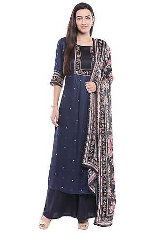 Navy Blue Embroidered Kurta & Palazzo Set by Soup by Sougat Paul