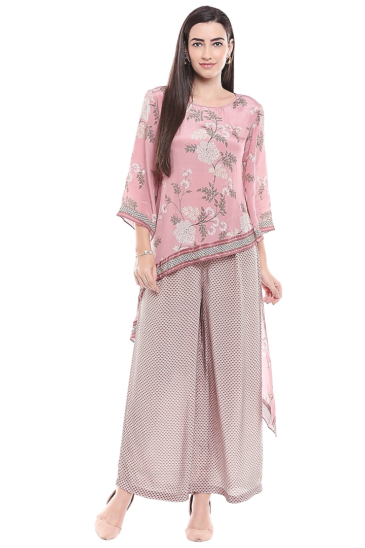 Pink Printed & Embroidered Top With Palazzo Pants by Soup by Sougat Paul