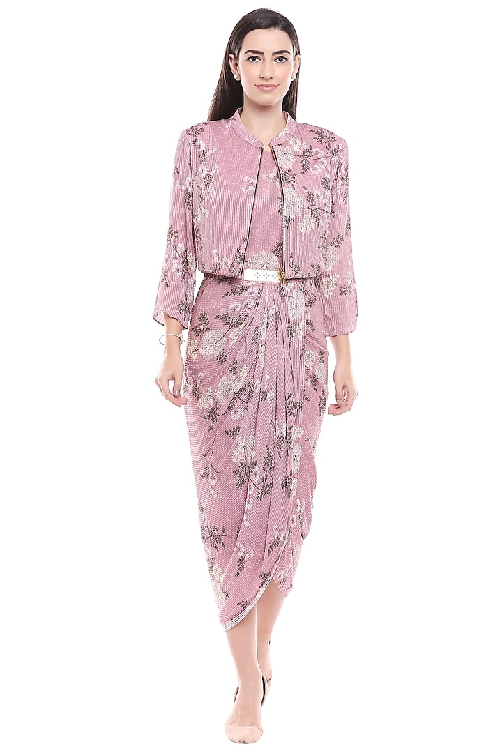 Pink Floral Printed Draped Dress With Jacket by Soup by Sougat Paul