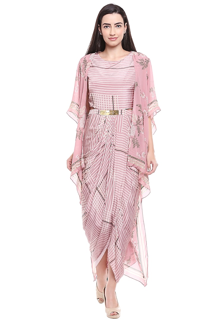 Pink Floral Printed Draped Dress With Cape by Soup by Sougat Paul