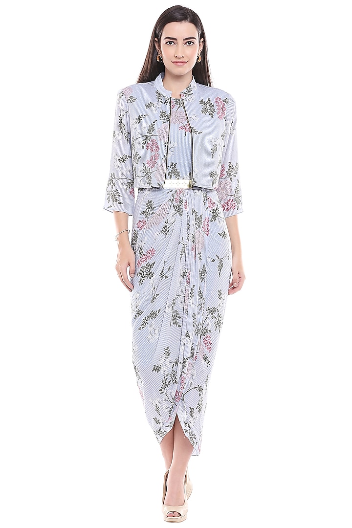 Blue Floral Printed Draped Dress With Jacket by Soup by Sougat Paul