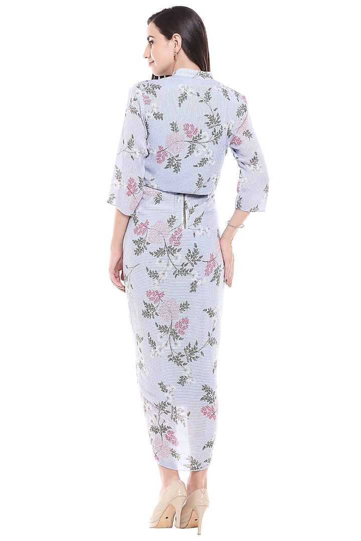 Blue Floral Printed Draped Dress With Jacket by Soup by Sougat Paul at Pernia's Pop Up Shop