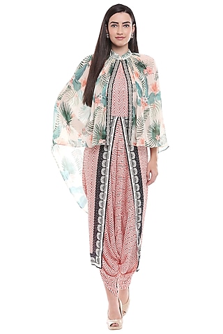 Red Printed Jumpsuit With Green Cape by Soup by Sougat Paul
