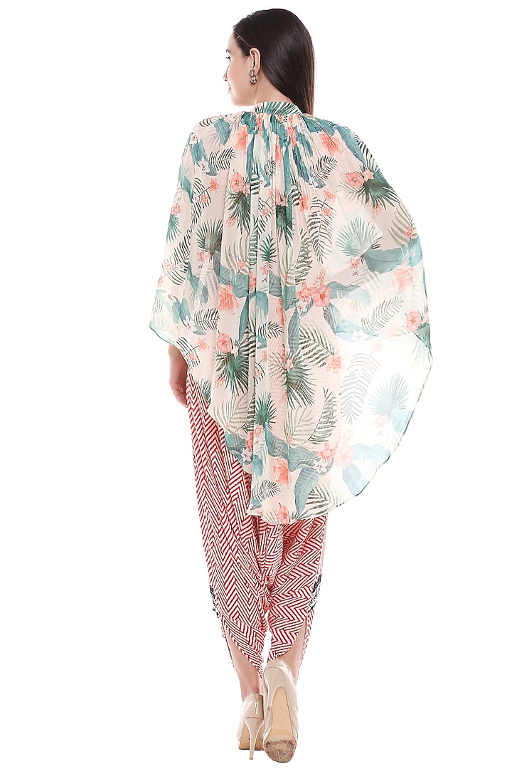 Red Printed Jumpsuit With Green Cape by Soup by Sougat Paul at Pernia's Pop Up Shop
