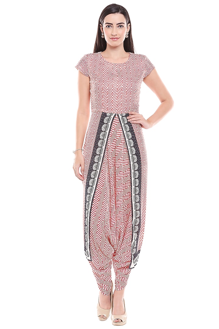 Red Printed Jumpsuit With Green Cape by Soup by Sougat Paul at Pernia's Pop Up Shop