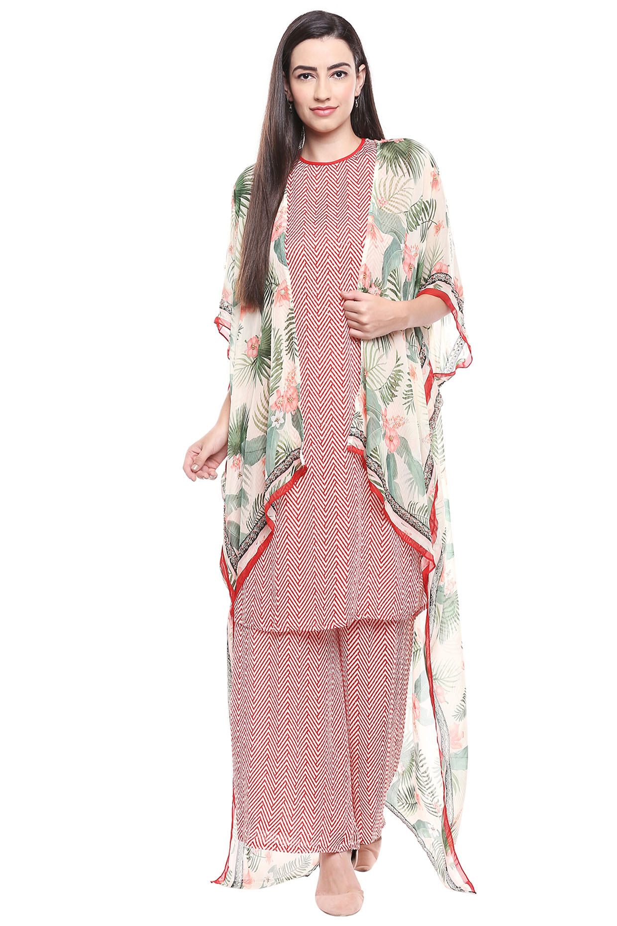 Red Printed Kurta Set With Green Cape by Soup by Sougat Paul at Pernia's Pop Up Shop