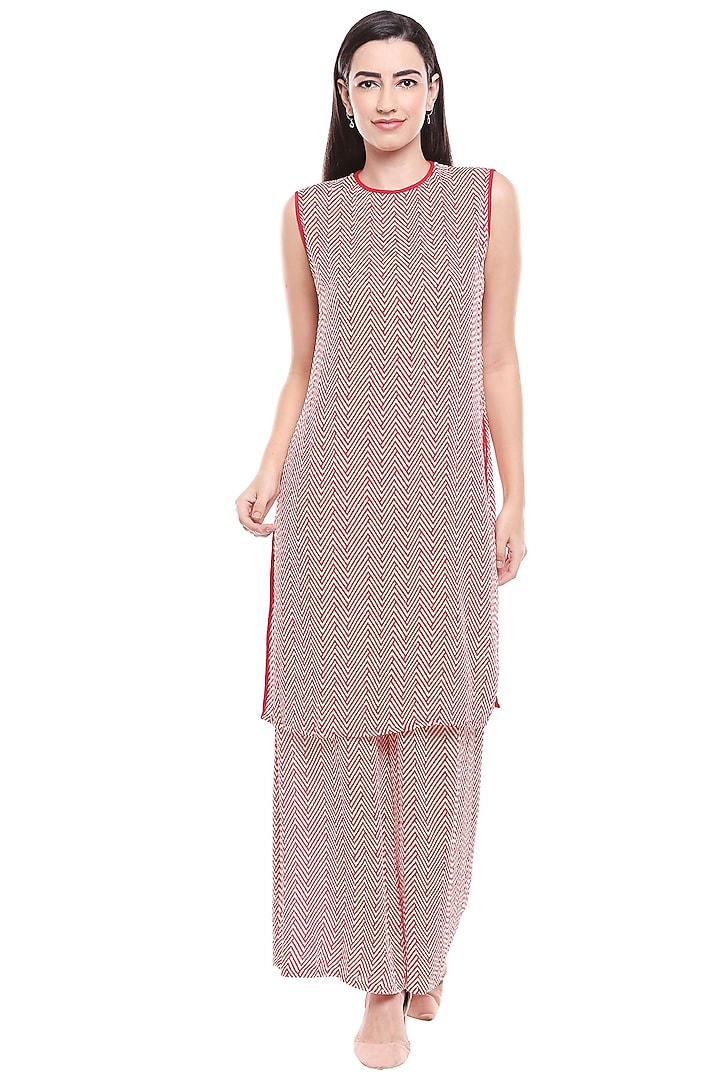 Red Printed Kurta Set With Green Cape by Soup by Sougat Paul at Pernia's Pop Up Shop