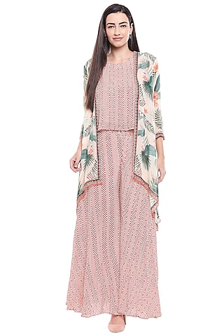 Red Printed Crop Top & Palazzo Pants With Jacket by Soup by Sougat Paul