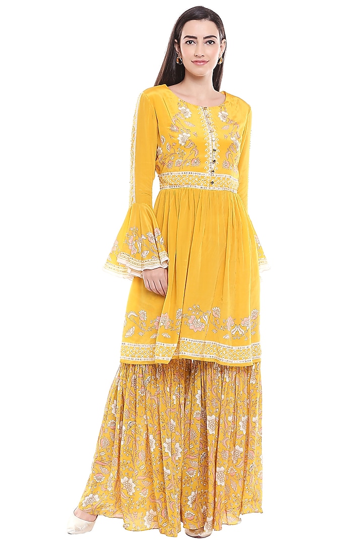 Yellow Printed Sharara Set by Soup by Sougat Paul