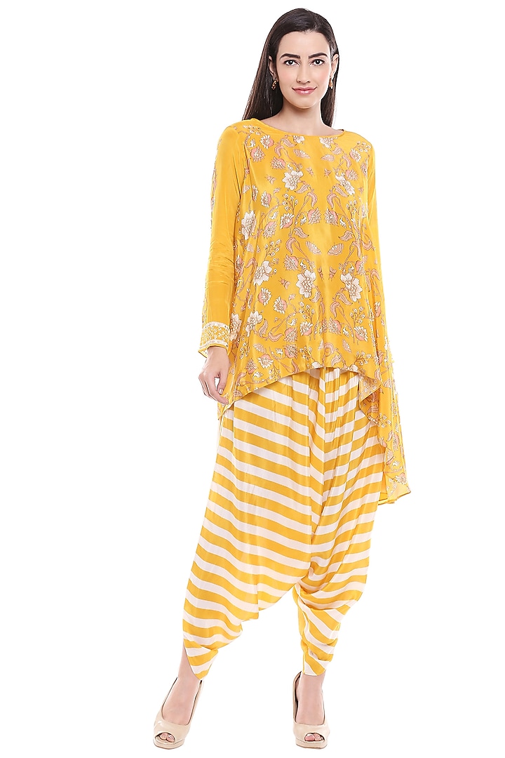 Yellow Embroidered Asymmetric Top With Dhoti Pants by Soup by Sougat Paul