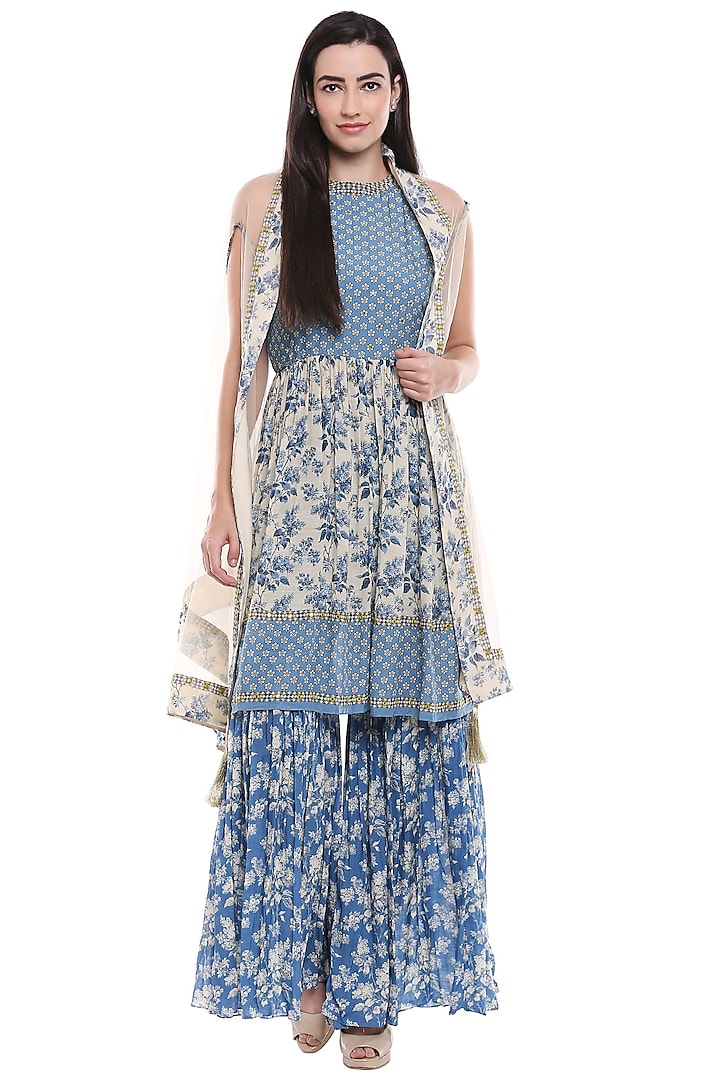 Blue & Off White Printed Party Wear Sharara Set by Soup by Sougat Paul at Pernia's Pop Up Shop