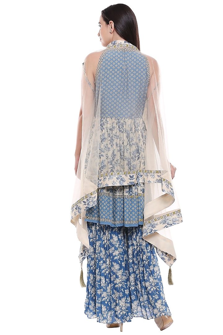 Blue & Off White Printed Party Wear Sharara Set by Soup by Sougat Paul at Pernia's Pop Up Shop