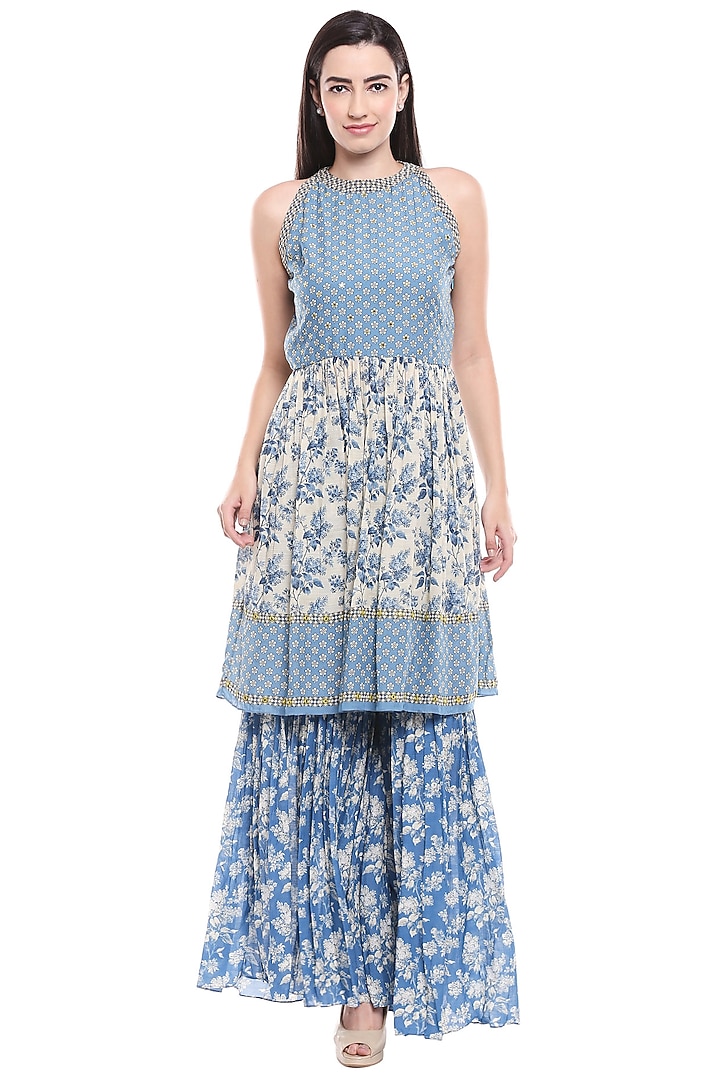 Blue & Off White Printed Party Wear Sharara Set by Soup by Sougat Paul at Pernia's Pop Up Shop