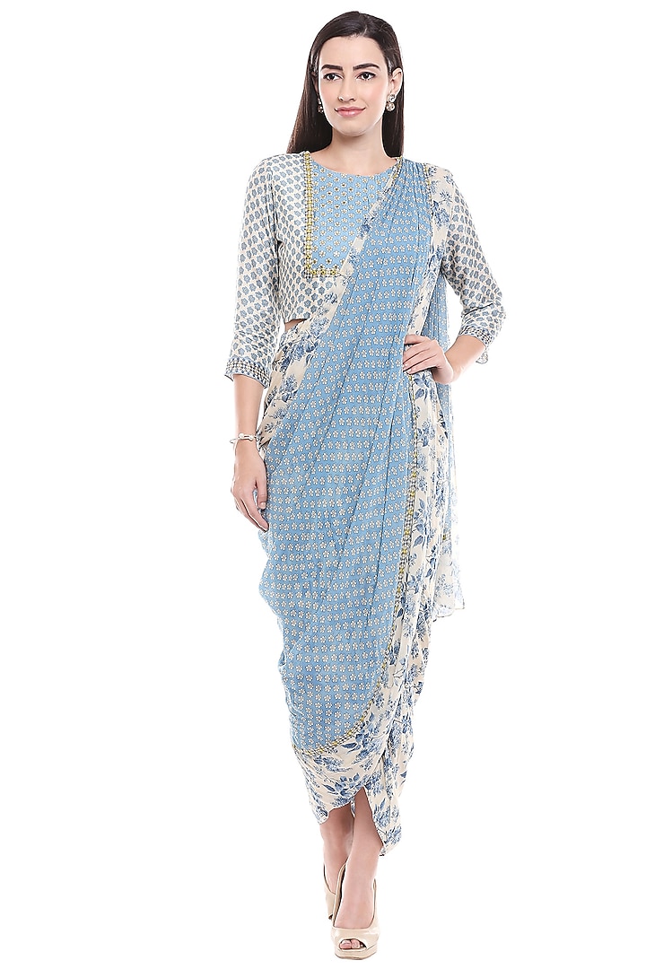 Blue & Off White Printed Draped Dress by Soup by Sougat Paul