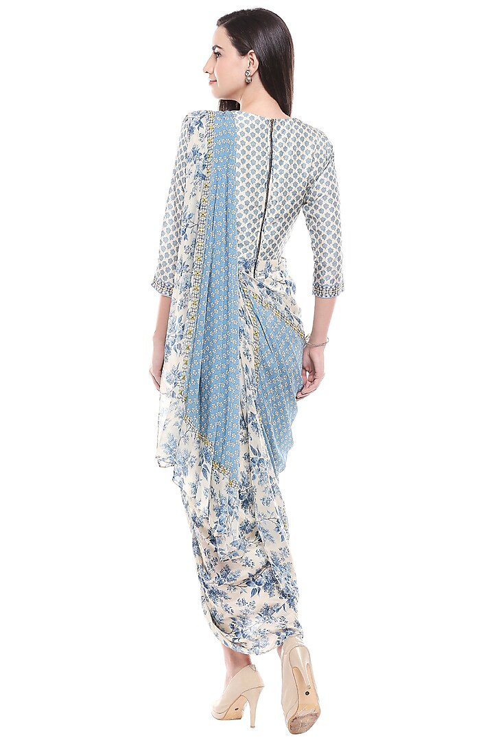 Blue & Off White Printed Draped Vacation Dress by Soup by Sougat Paul at Pernia's Pop Up Shop