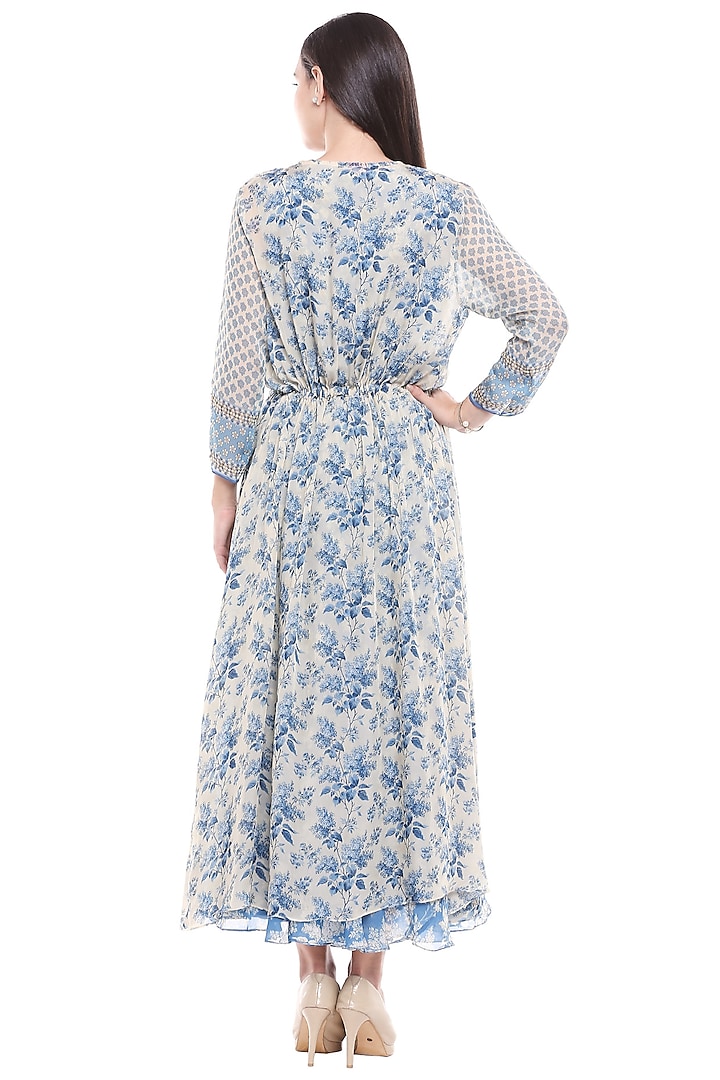 Blue & Off White Printed Vacation Dress With Jacket by Soup by Sougat Paul at Pernia's Pop Up Shop