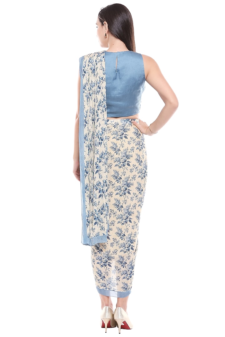Blue & Off White Printed Party Wear Saree Set by Soup by Sougat Paul at Pernia's Pop Up Shop