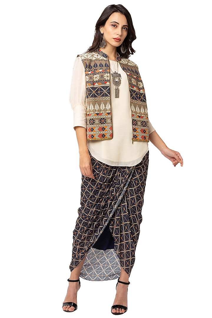 Blue Crepe Printed Dhoti Set by Soup By Sougat Paul at Pernia's Pop Up Shop