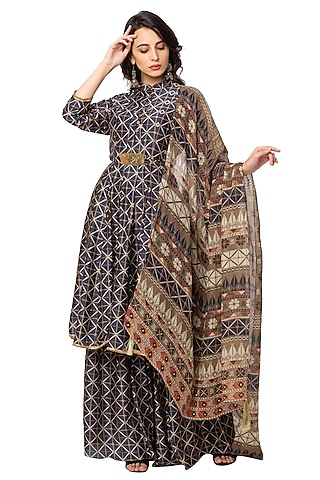 Cobalt Blue & Beige Printed Sharara Set by Soup By Sougat Paul