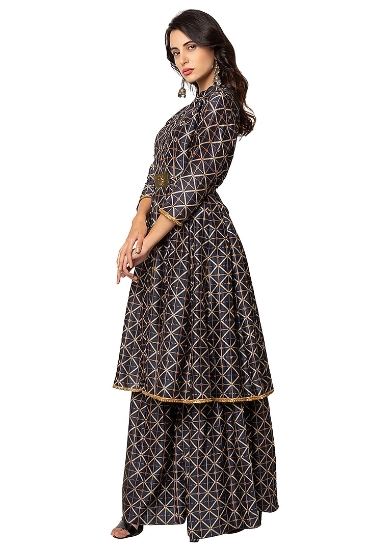 Cobalt Blue & Beige Printed Party Wear Sharara Set by Soup By Sougat Paul at Pernia's Pop Up Shop