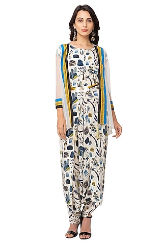 Off White Printed Jumpsuit With Net Jacket by Soup By Sougat Paul