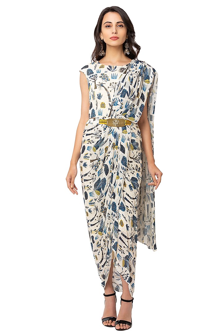 Off White Printed Saree Gown With Belt by Soup By Sougat Paul
