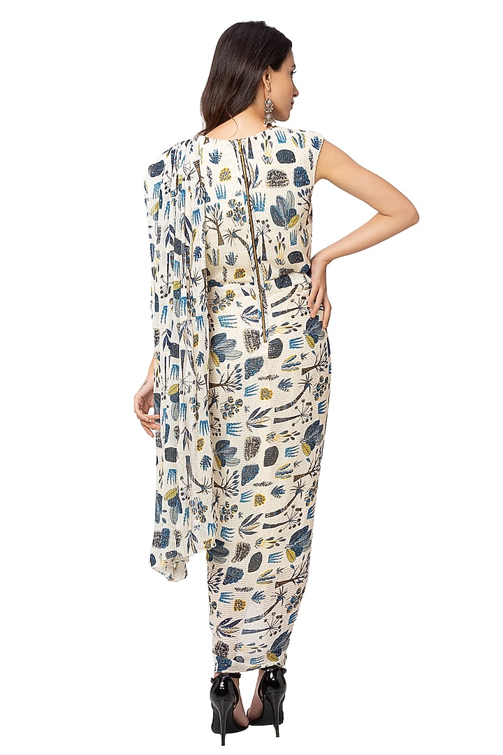 Off White Printed Party Wear Saree Gown With Belt by Soup By Sougat Paul at Pernia's Pop Up Shop