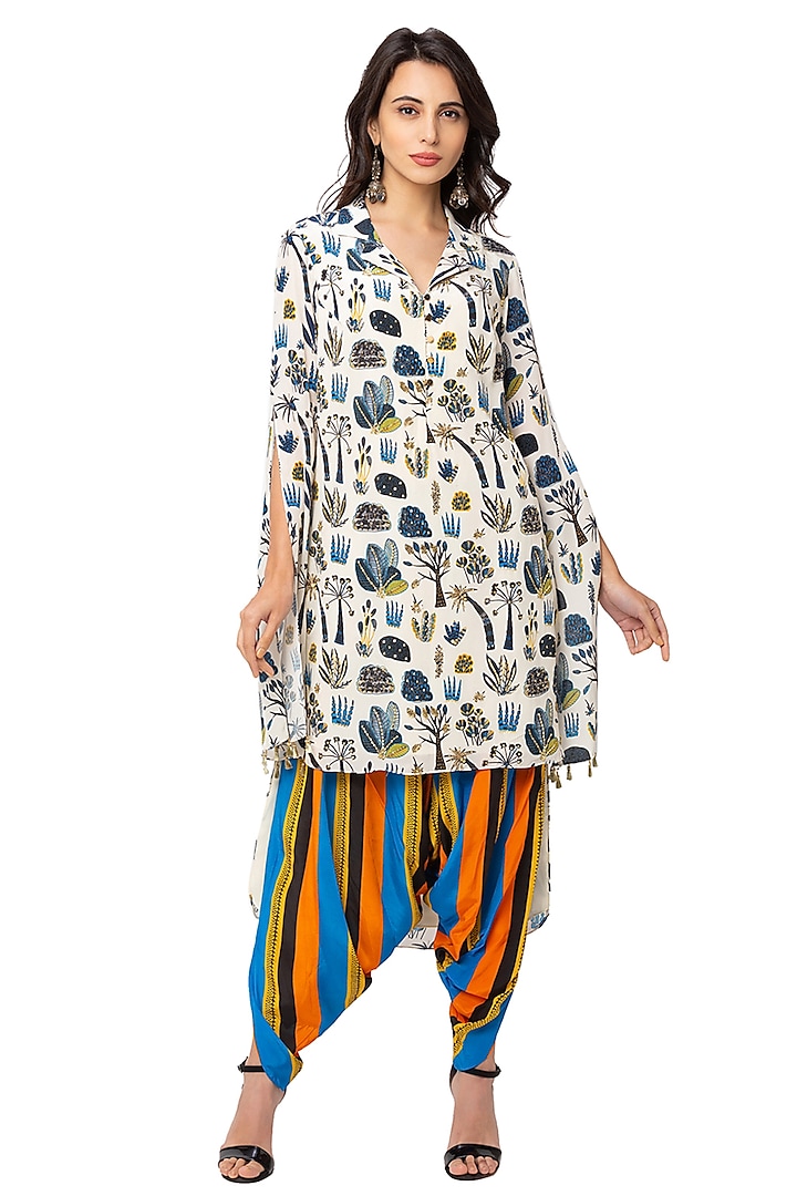 Off White Printed Kurta With Dhoti by Soup By Sougat Paul
