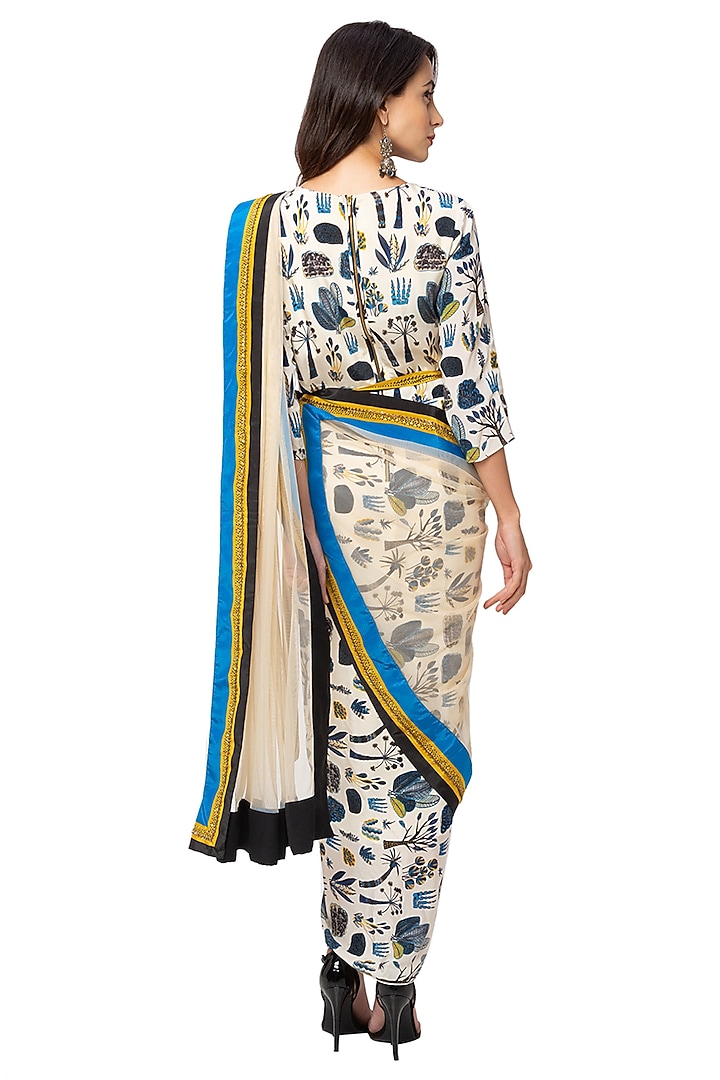 Off White Printed Party Wear Saree Gown With Belt by Soup By Sougat Paul at Pernia's Pop Up Shop
