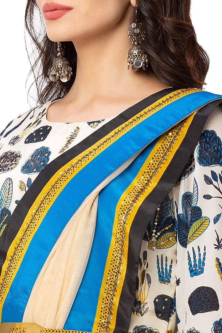 Off White Printed Party Wear Saree Gown With Belt by Soup By Sougat Paul at Pernia's Pop Up Shop