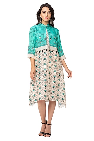 Off White Printed Dress With Green Jacket by Soup By Sougat Paul