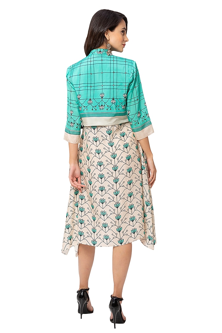 Off White Printed Dress With Green Jacket by Soup By Sougat Paul at Pernia's Pop Up Shop