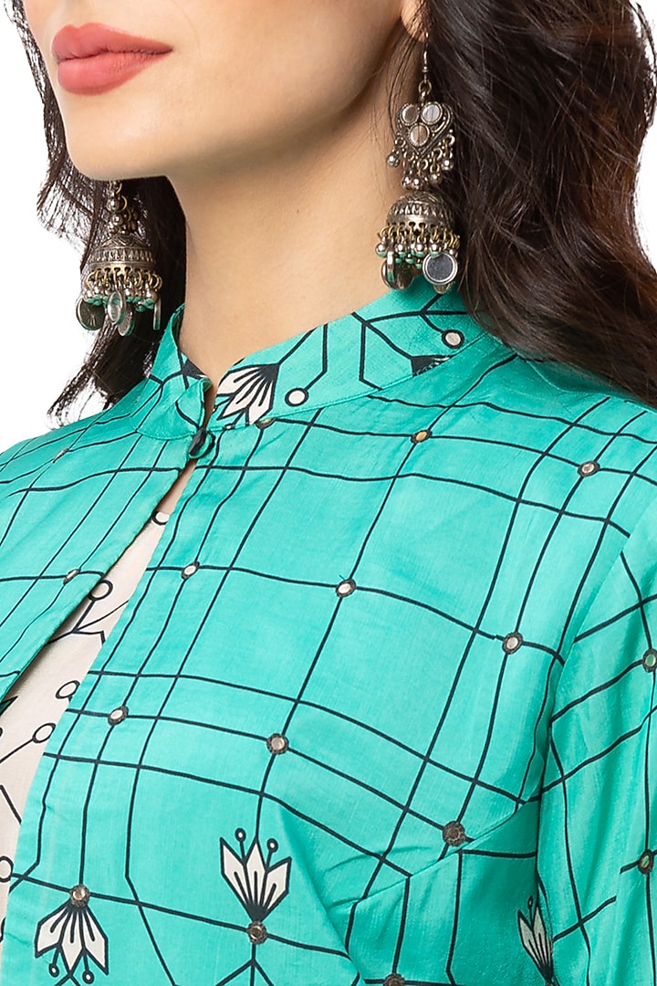 Off White Printed Dress With Green Jacket by Soup By Sougat Paul at Pernia's Pop Up Shop