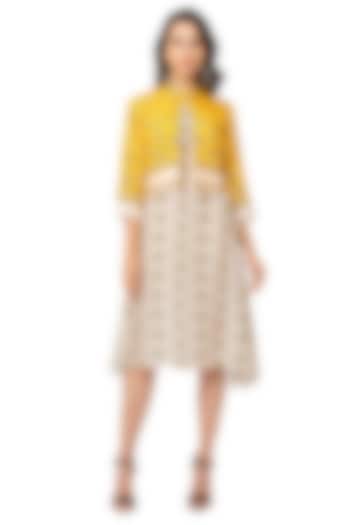Yellow Printed Dress With White Jacket by Soup By Sougat Paul