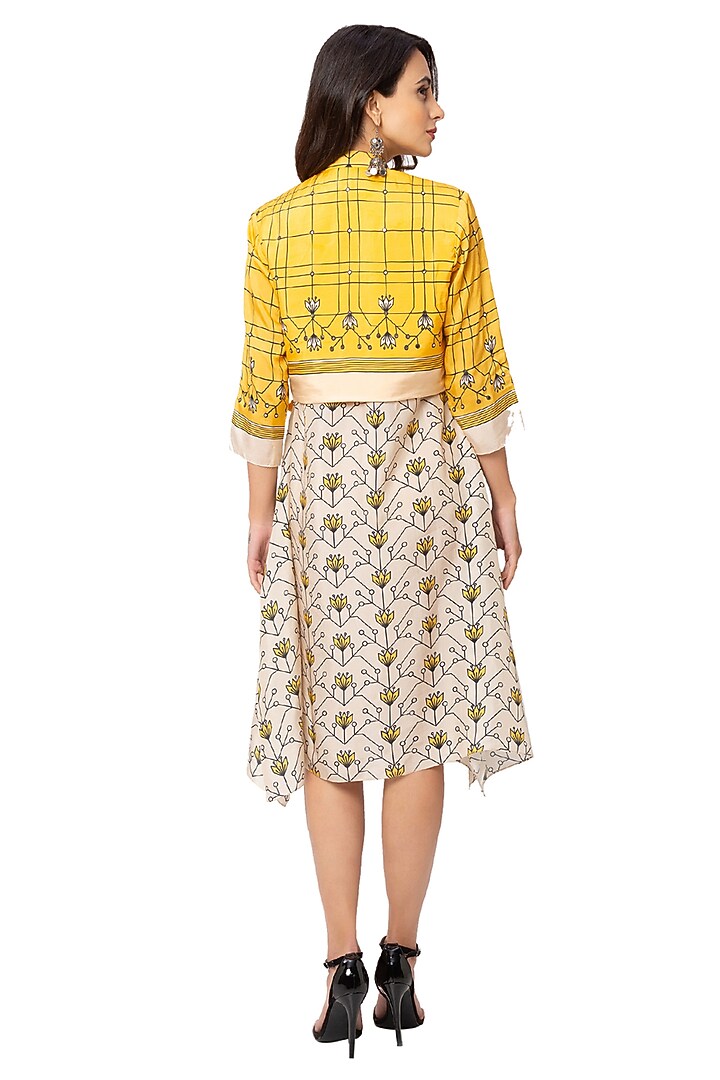 Yellow Printed Dress With White Jacket by Soup By Sougat Paul at Pernia's Pop Up Shop