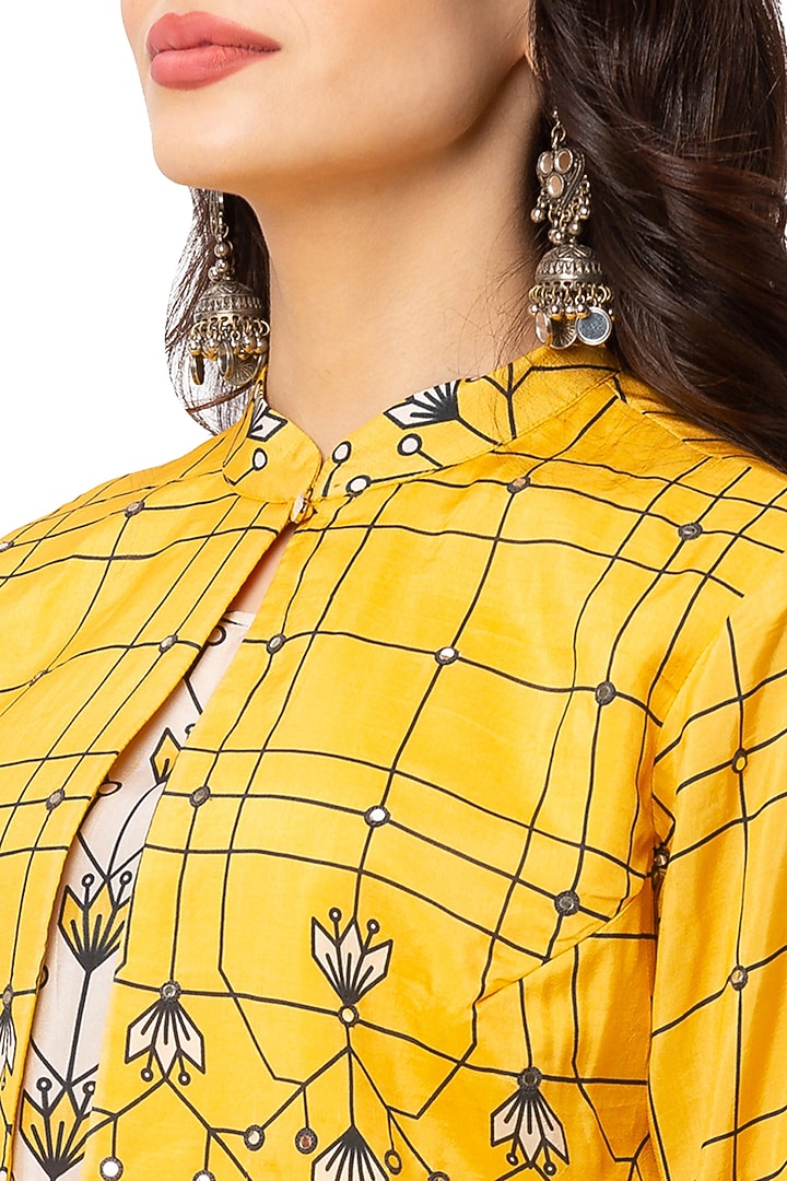 Yellow Printed Dress With White Jacket by Soup By Sougat Paul at Pernia's Pop Up Shop