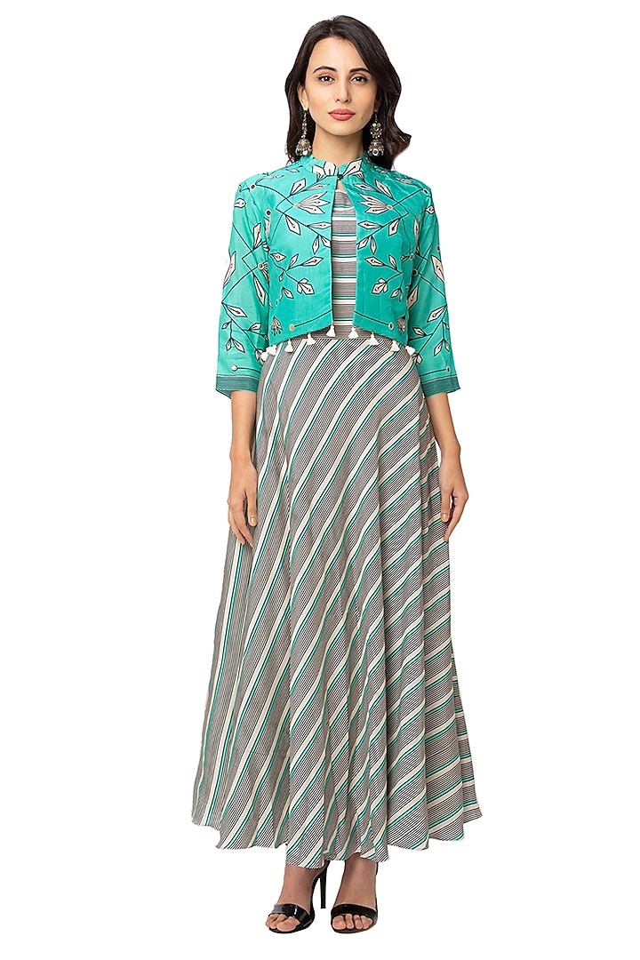 Green Dress With White Printed Jacket by Soup By Sougat Paul