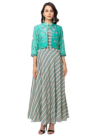 Green Dress With White Printed Jacket by Soup By Sougat Paul