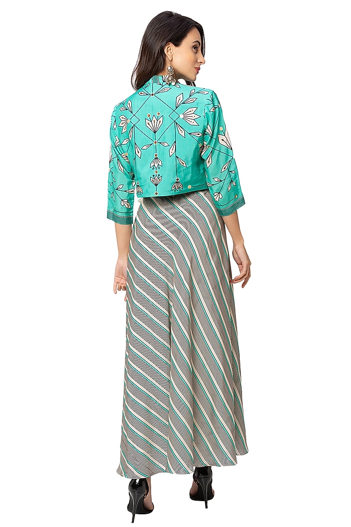 Green Dress With White Printed Jacket by Soup By Sougat Paul at Pernia's Pop Up Shop