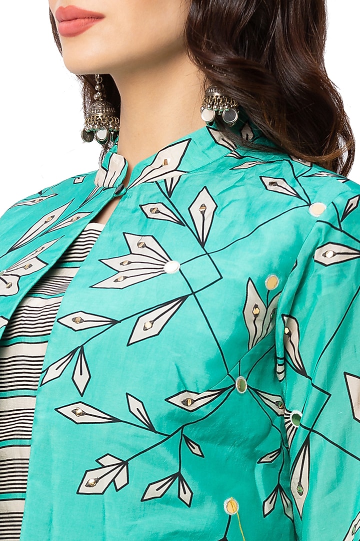 Green Dress With White Printed Jacket by Soup By Sougat Paul at Pernia's Pop Up Shop