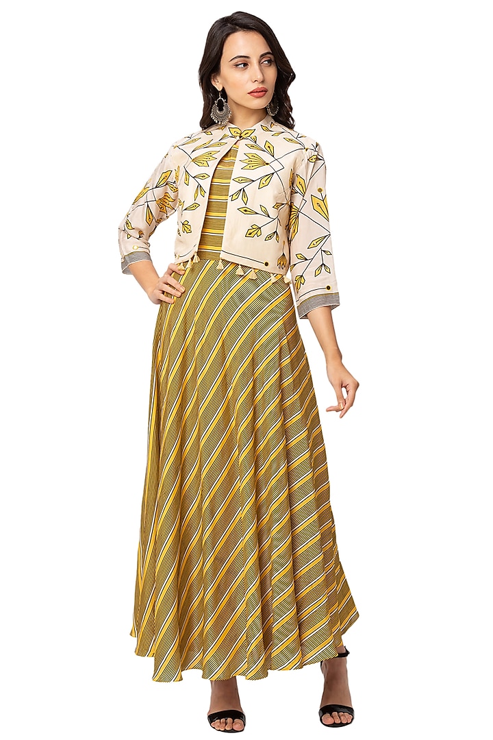 Yellow Dress With White Printed Jacket by Soup By Sougat Paul