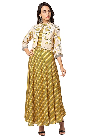 Yellow Dress With White Printed Jacket by Soup By Sougat Paul