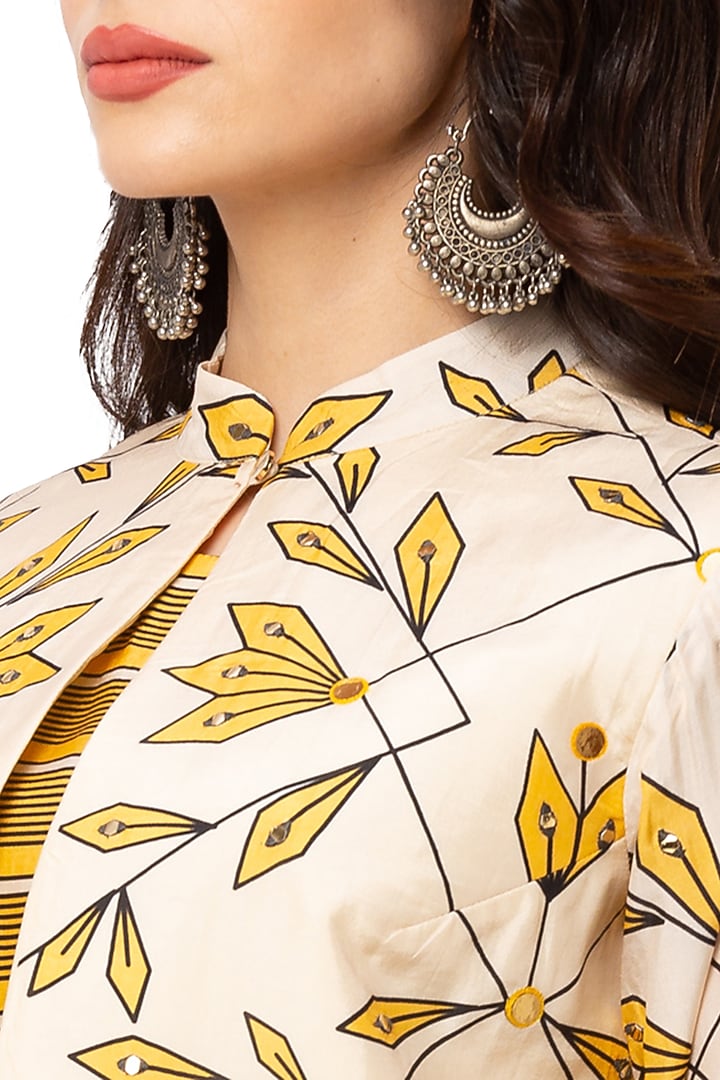 Yellow Dress With White Printed Jacket by Soup By Sougat Paul at Pernia's Pop Up Shop