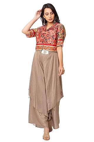 Beige Printed Jumpsuit With Short Jacket by Soup By Sougat Paul